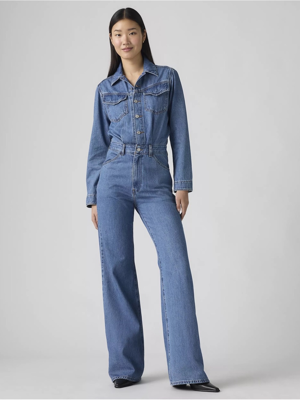 👖 NWT Levi’s Western Denim Jumpsuit Blue Wash Button Front Wide Leg Size Large
